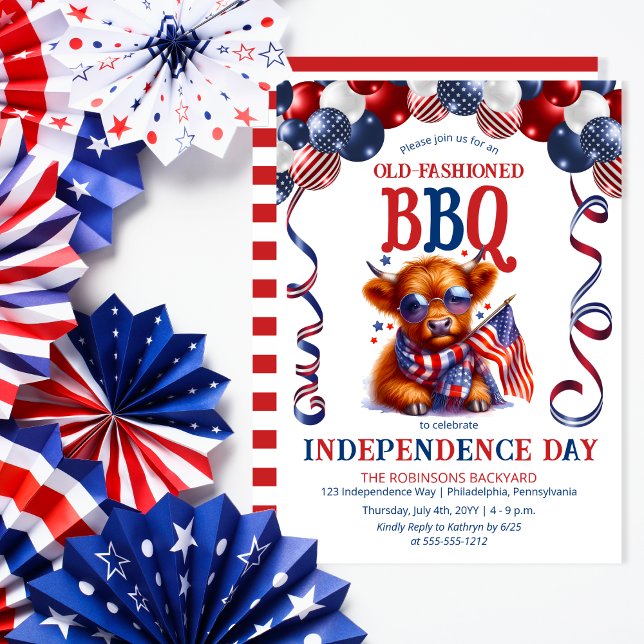 Highland Cow | Sunglasses 4th of July BBQ Party Invitation (Balloon Arch Cute Cool Highland Cow Calf Sporting Sunglasses Independence Day BBQ July 4 Invitation)