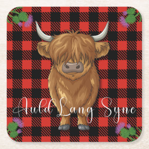 Highland Cow Tartan Burns Night Square Paper Coaster