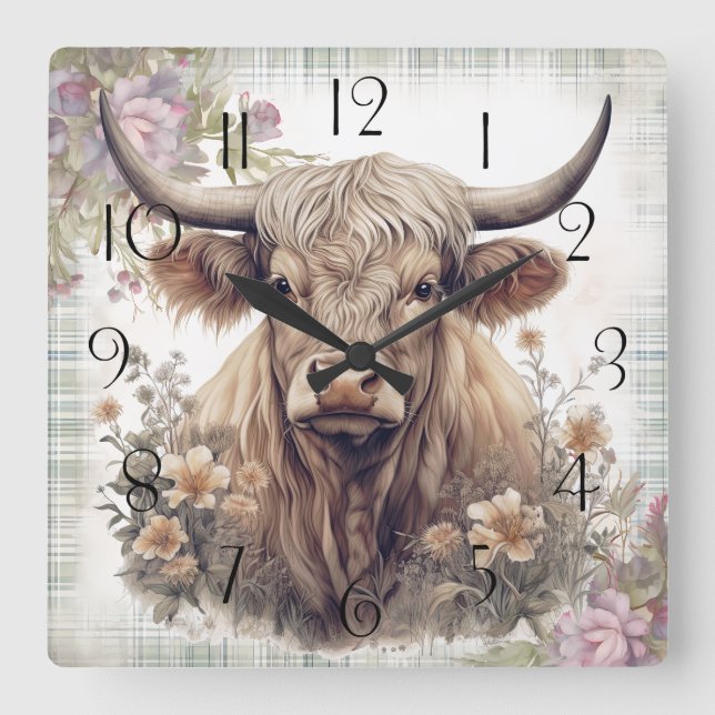 Highland Cow Tartan Clan Watercolor Square Wall Clock (Front)