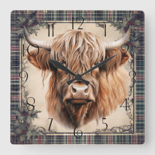 Highland Cow Tartan Clan Watercolor Square Wall Clock