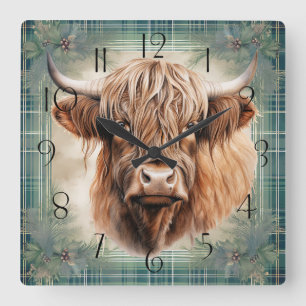 Highland Cow Tartan Clan Watercolor Square Wall Clock