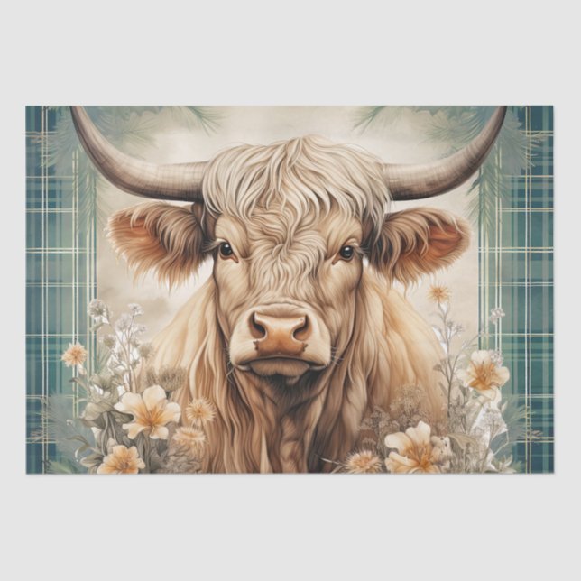 Highland Cow Tartan Clan Watercolor Tissue Paper (Front)