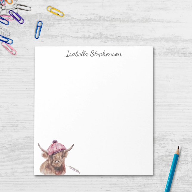 Highland Cow Tartan Watercolor Personalised Notepad (Creator Uploaded)