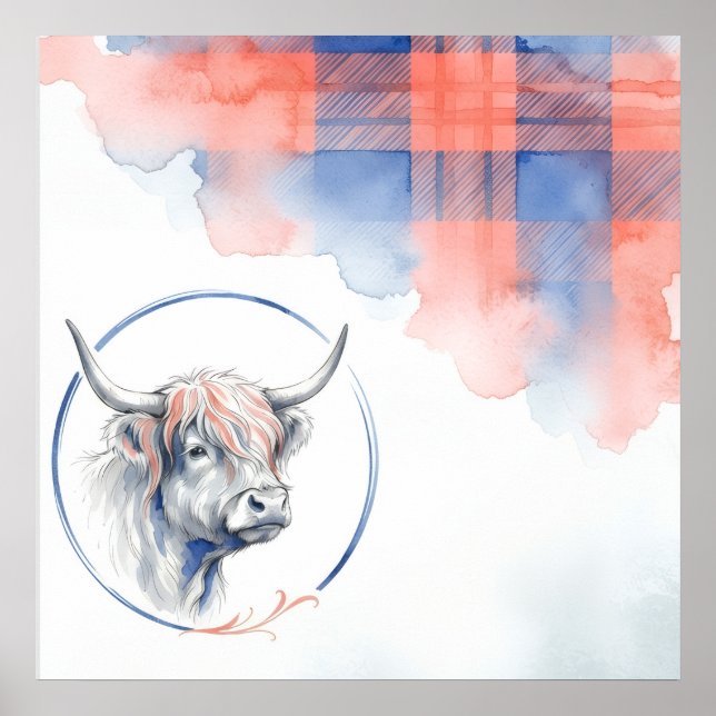 Highland Cow Tartan Watercolor Poster (Front)