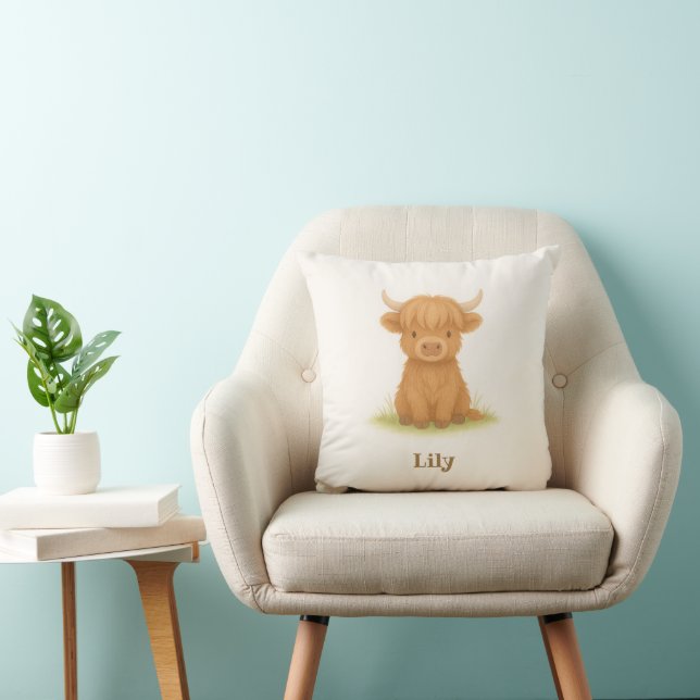 Highland Cow Throw Pillow – Animal Nursery Decor (Chair)
