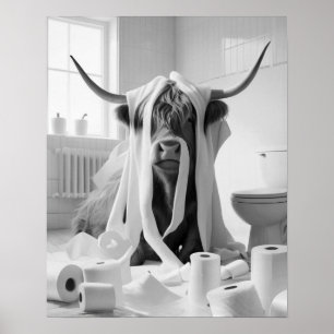 Highland Cow Toilet Paper Mischief Bathroom Poster