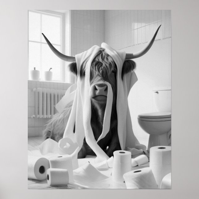 Highland Cow Toilet Paper Mischief Bathroom Poster (Front)