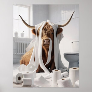 Highland Cow Toilet Paper Mischief Bathroom Poster