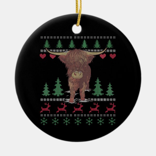 Highland Cow Ugly Christmas Ceramic Ornament (Front)