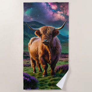 Highland Cow Under The Stars Beach Towel
