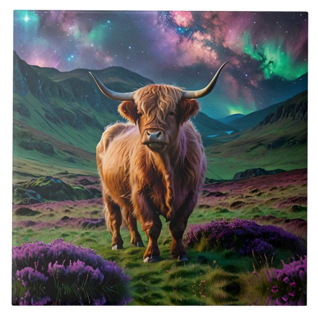 Highland Cow Under The Stars Ceramic Tile (Front)