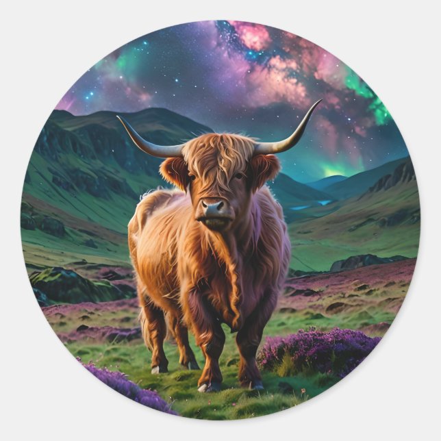Highland Cow Under The stars Classic Round Sticker (Front)