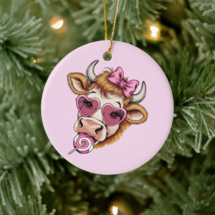 Highland Cow Valentine Coquette Valentine's Day Ceramic Ornament
