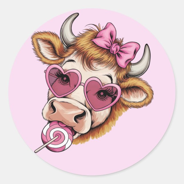 Highland Cow Valentine Coquette Valentine's Day  Classic Round Sticker (Front)