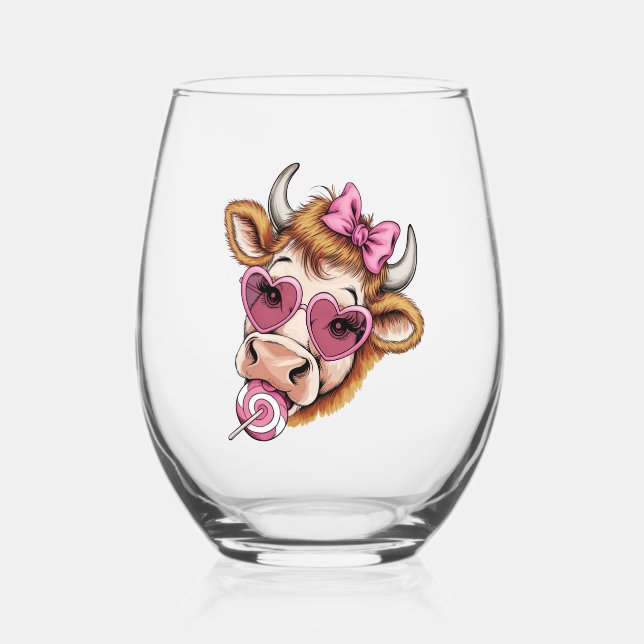 Highland Cow Valentine Coquette Valentine's Day  Stemless Wine Glass (Back)
