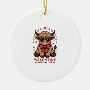 Highland Cow Valentine Cute Vintage Engraving Shir Ceramic Ornament
