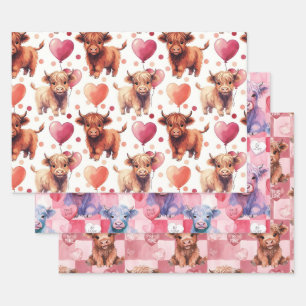 Highland Cow Valentine Pink Balloon Hearts Gift Wrapping Paper Sheet