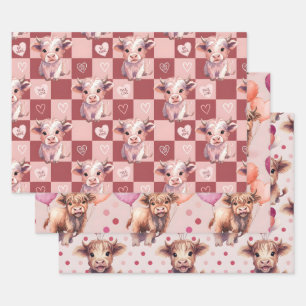 Highland Cow Valentine Pink Candy Hearts Gift Wrapping Paper Sheet