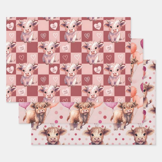 Highland Cow Valentine Pink Candy Hearts Gift Wrapping Paper Sheet (Set)