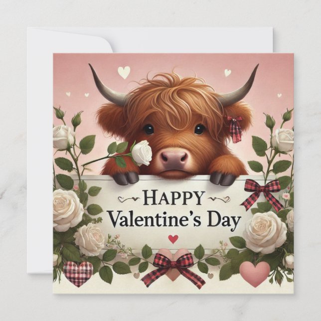 Highland Cow Valentine With White Roses Holiday Card (Front)