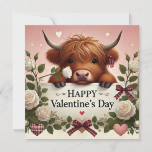 Highland Cow Valentine With White Roses Holiday Card
