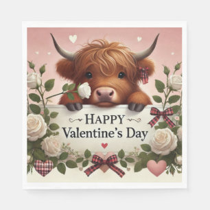 Highland Cow Valentine With White Roses Napkin