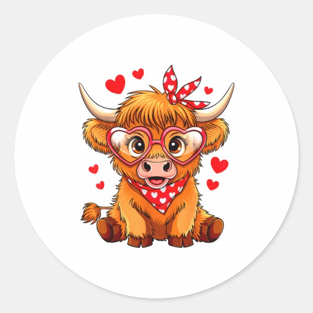 Highland Cow Valentines Day Funny Hearts Valentine Classic Round Sticker (Front)