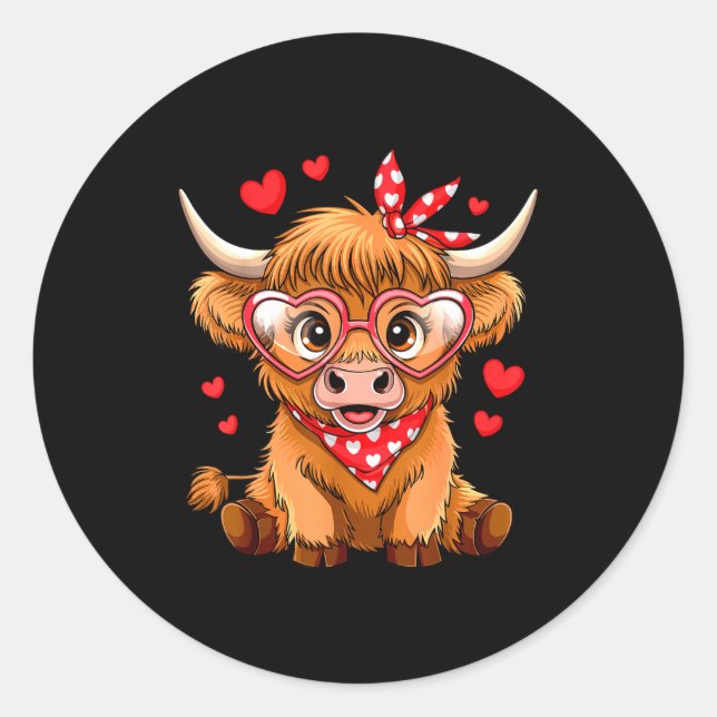 Highland Cow Valentines Day Funny Hearts Valentine Classic Round Sticker (Front)