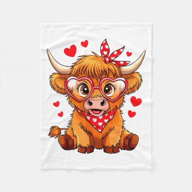 Highland Cow Valentines Day Funny Hearts Valentine Fleece Blanket (Front)
