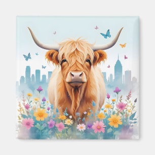 Highland Cow Vintage Animal Nature Forest City Art Magnet