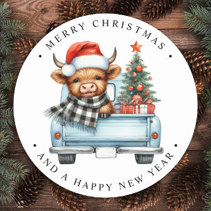 Highland Cow Vintage Blue Truck Merry Christmas Classic Round Sticker