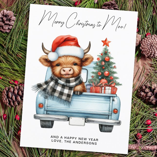 Highland Cow Vintage Blue Truck Merry Christmas Postcard (Creator Uploaded)