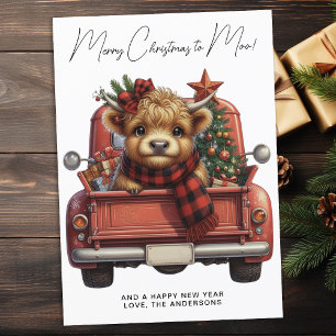 Highland Cow Vintage Red Truck Merry Christmas Holiday Card