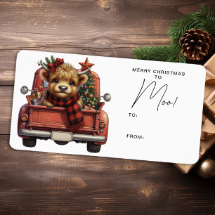 Highland Cow Vintage Red Truck Merry Christmas Label