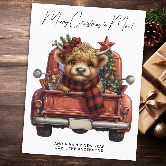 Highland Cow Vintage Red Truck Merry Christmas Postcard (Creator Uploaded)