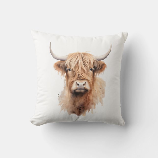 Highland cow watecolor ranch funny cushion (Front)
