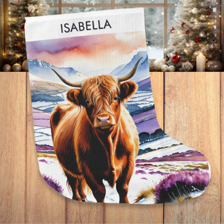 Highland Cow Watercolor Animal Large Christmas Stocking