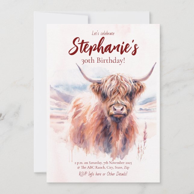 Highland Cow Watercolor Birthday Invitation (Front)