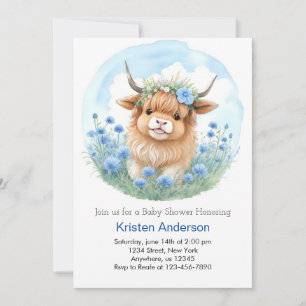 Highland Cow Watercolor Dream Boy Baby Shower Invitation