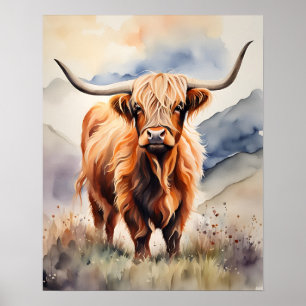 Highland Cow Watercolor Farmhouse Wall Art Poster