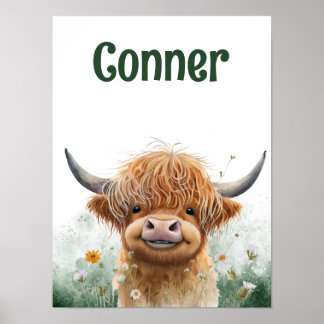 Highland Cow Watercolor Nursery Poster
