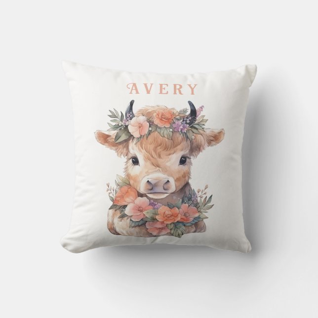 Highland cow watercolor throw pillow (Front)