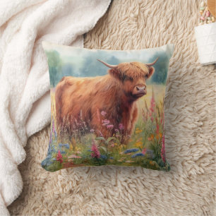 Highland Cow Watercolor Wildflower Field Cushion