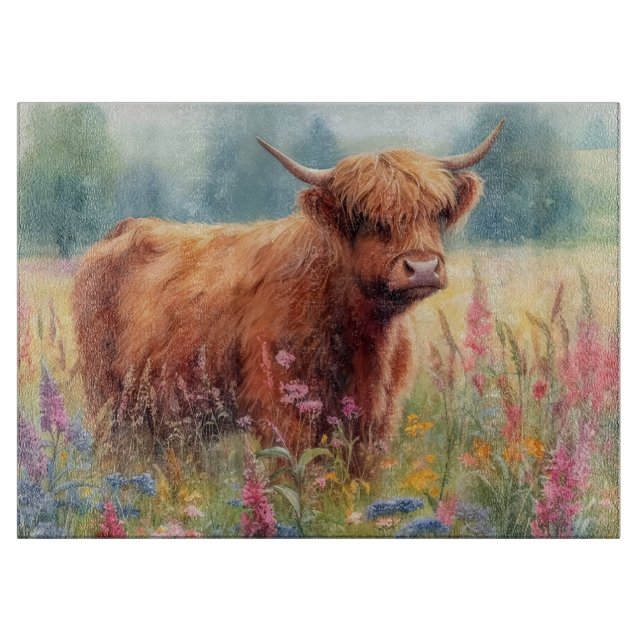 Highland Cow Watercolor Wildflower Field Cutting Board (Front)