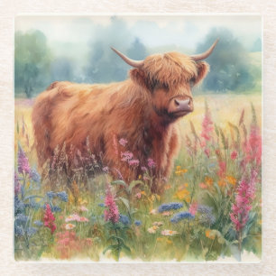 Highland Cow Watercolor Wildflower Field Glass Coaster