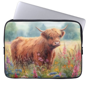 Highland Cow Watercolor Wildflower Field Laptop Sleeve
