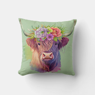 Highland Cow watercolor with flowers  Cushion