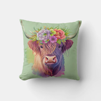 Highland Cow watercolor with flowers Cushion