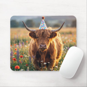Highland Cow Wearing a Birthday Party Hat Mouse Pad