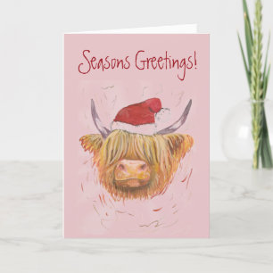 highland cow wearing Christmas pastel pink Holiday Card